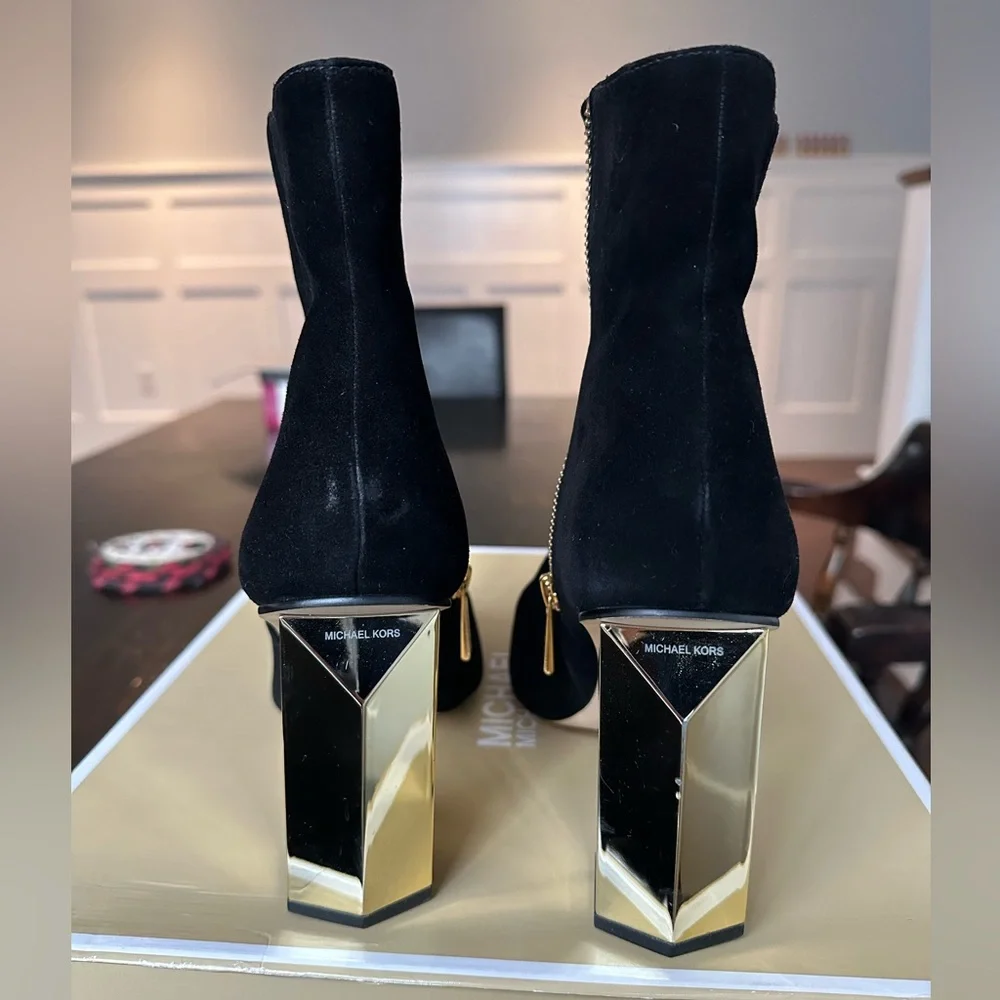 Michael Kors Black Suede Petra Booties with Gold Block Heel - Picture 2 of 5